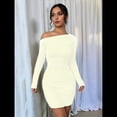thumbnail image 4 of Vestido de Cóctel Mini Ajustado con Volantes, Mangas Largas y Hombros Descubiertos para Mujer Albaricoque M, 4 of 10