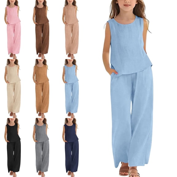 Vornjynx Kids Girls Outfit Sets Crew Neck Tank Tops and Loose Pants Summer Trendy Holiday Clothes 2 Piece Light Blue Size 6