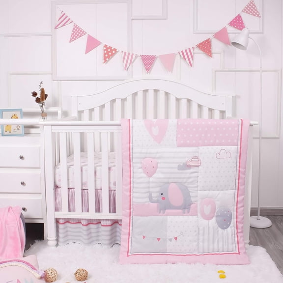 La Premura Baby Elephant Nursery Crib Bedding Set for Girls - Pink Elephant & Love Balloons 3-Piece