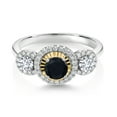 thumbnail image 2 of Gem Stone King 0.63 Ct Round Black Onyx E-F Lab Grown Diamond 925 Silver and 10K Yellow Gold 3 Stone Women's Ring (Size 5), 2 of 3