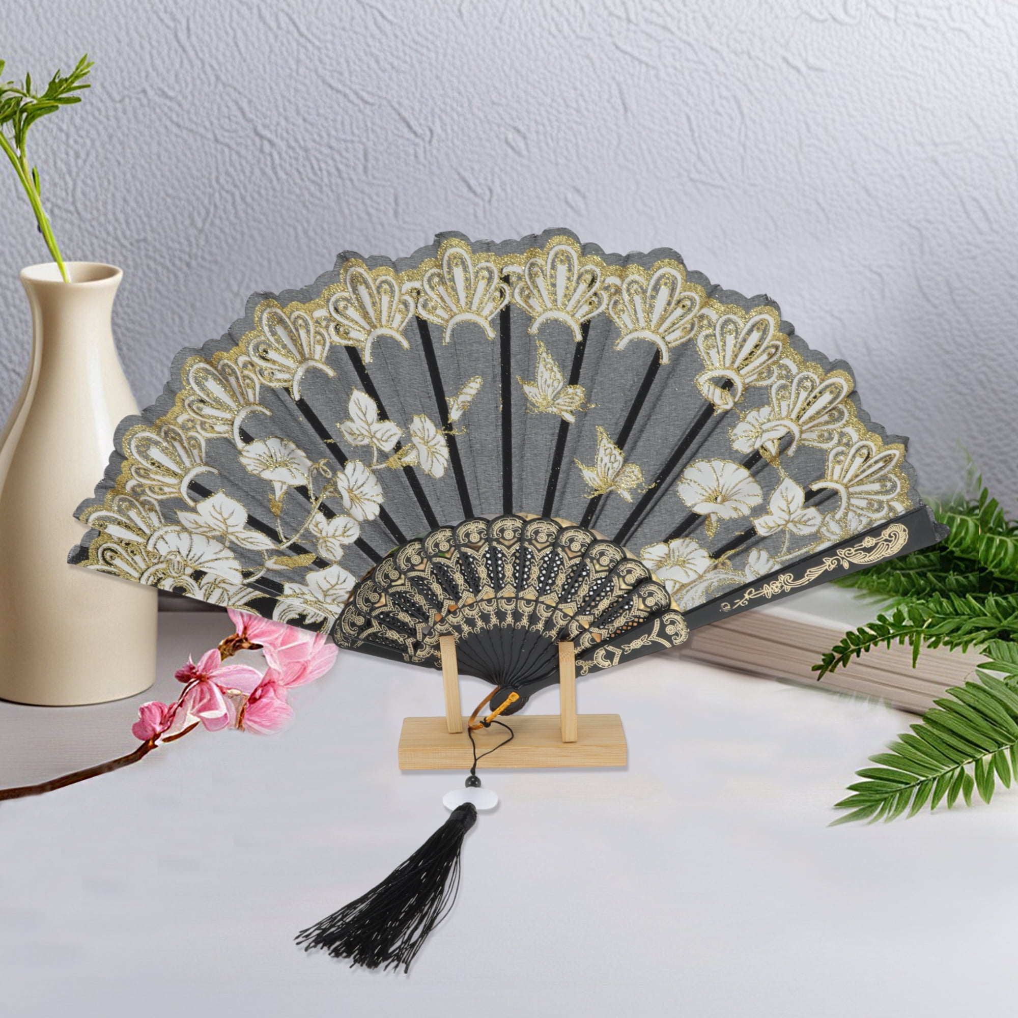 Unique Bargains Tassel Folding Fan 1 Pc for Weddings Parties Black