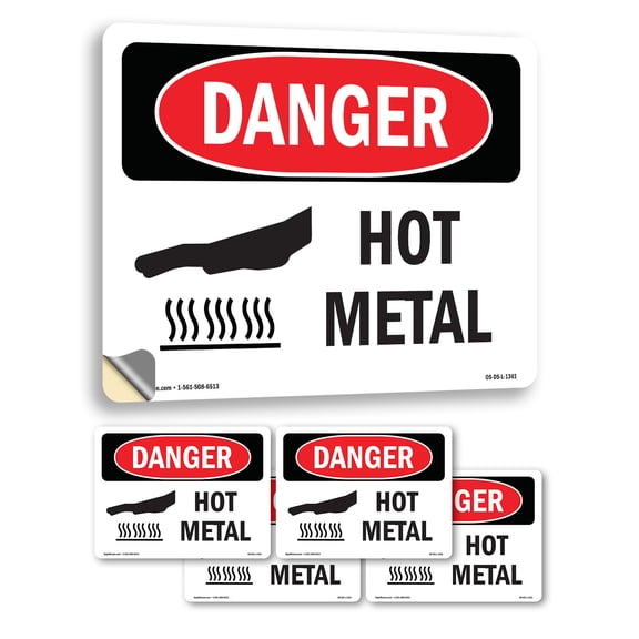 Hot Metal OSHA Danger Vinyl Decal Label 7 Inch x 5 Inch - 5 Pack