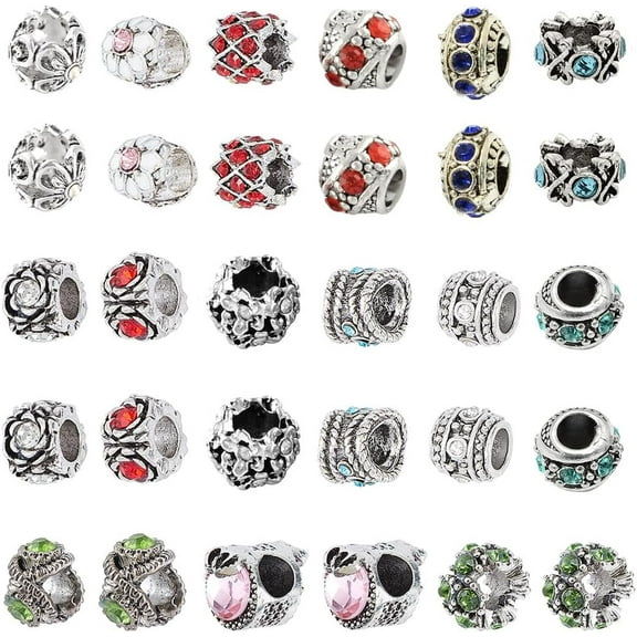 1 Box 15 Styles Spacer Beads Alloy Rhinestone European Beads Jewelry Bead Charm Spacers Large Hole for DIY Bracelets Necklaces Jewelry Making DIY Crafts
