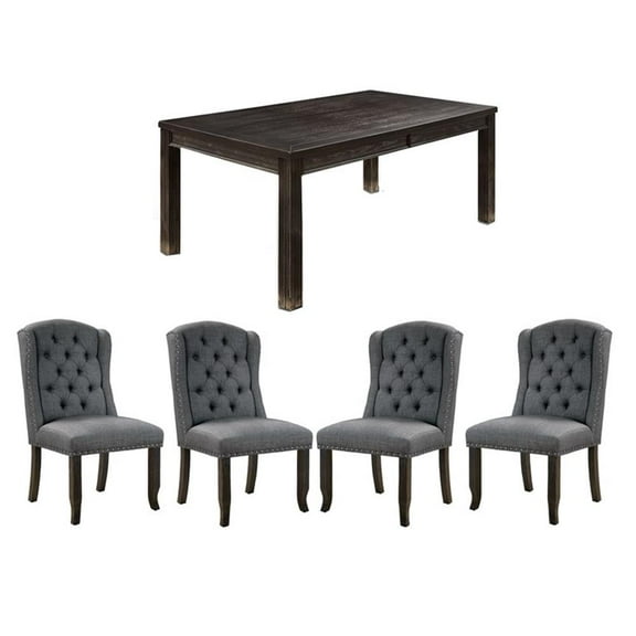 Sinuata 5-Piece Black Wood Dining Table and 4 Tufted Side Chair Set
