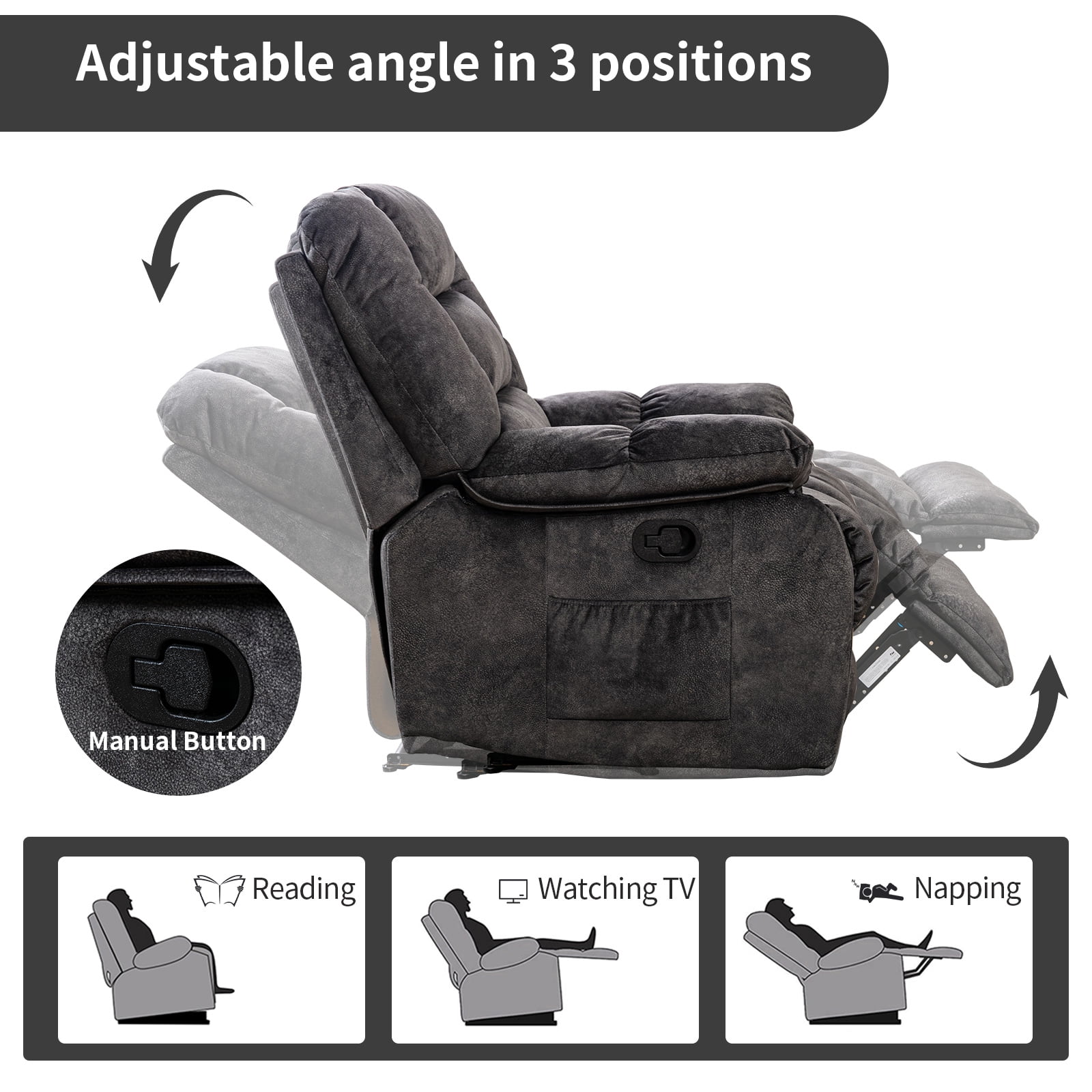 Bonzy Home Recliner Chair with Massage and Heat Overstuffed Fabric Metal frame Manual Reclining Chair Sofa for Living Room