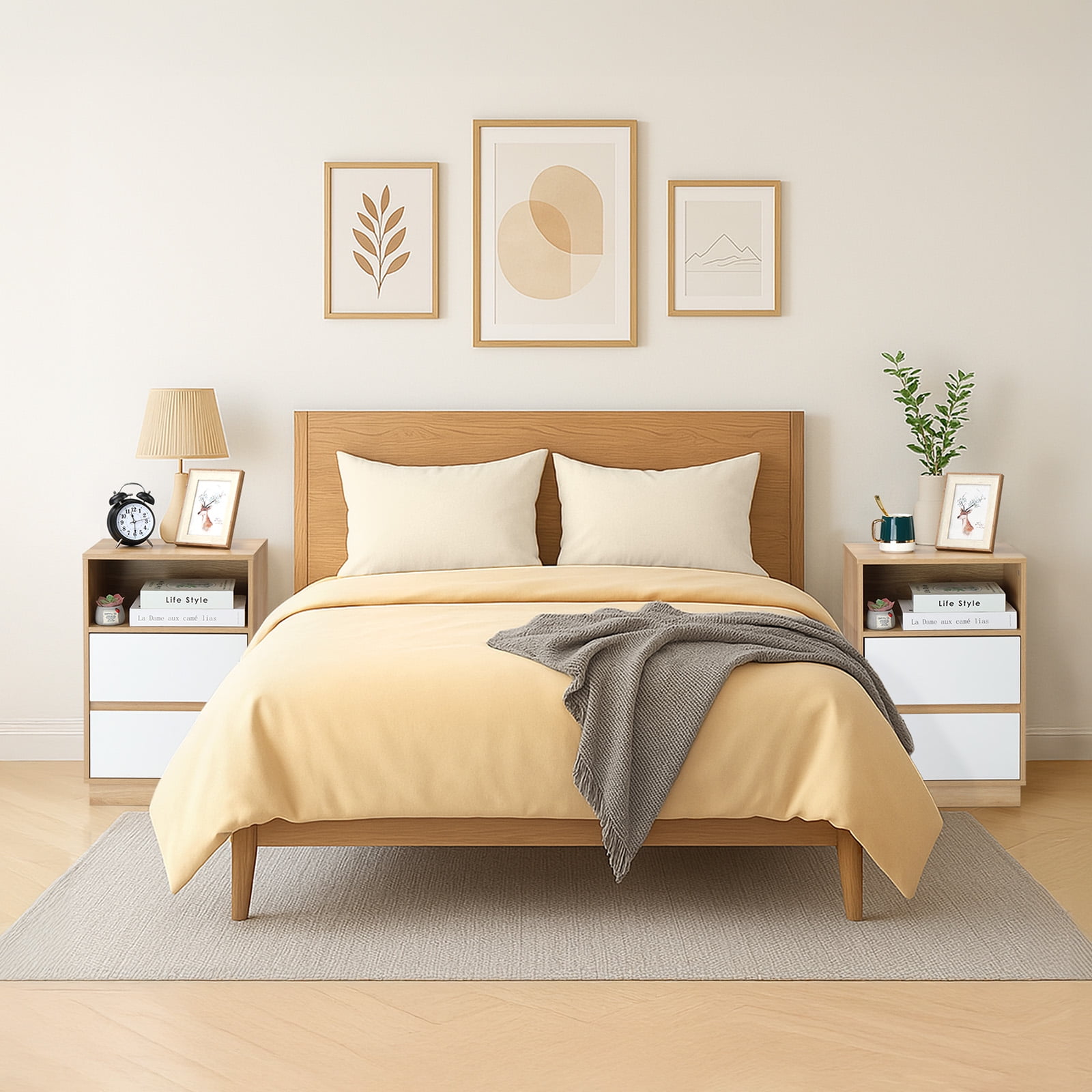Ktaxon NightStand Set of 2 with 2 Storage Drawers BedsideTable, End Side for Bedroom, Country Style Oak