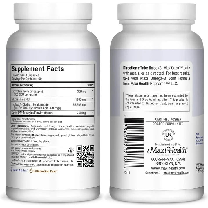 Maxi Health Premium Glucosamine Complex - Joint Support - Hyaluronic Acid & MSM - 180 MaxiCaps - Kosher