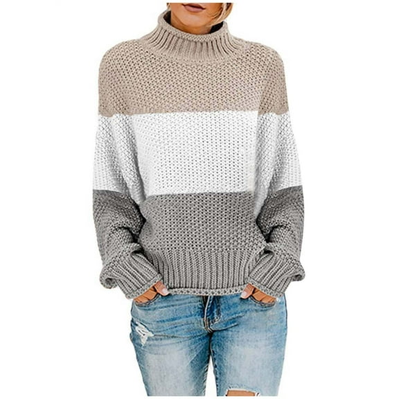 XMMSWDLA 2023 Fall Winter Women'S Striped Color Block Short Sweater Long Sleeve Crew Neck Casual Loose Knit Pullover Tops Khaki Heated Sweater for Women