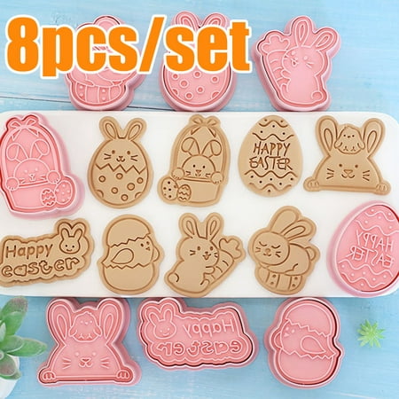 

Beechoice 8Pcs/Set Easter Cookie Cutters 3D Embossing Cookie Stamper Plastic Biscuit Molds Rabbit Bunny Egg Butterfly Basket Stamps for DIY Cake Baking Supplies