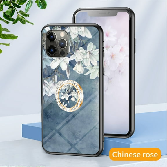 TECH CIRCLE Compatible with iPhone 11 Pro Case, Shockproof Girls Women Drop Protective Flower Pattern Glass Back Cover With Diamond Ring Kickstand For iPhone 11 Pro Case, Chinese rose