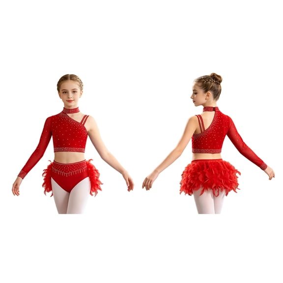 iiniim Girls Dance Outfits 2-Piece Rhinestones Crop Top and Ruffles Feather Skirt Set Dancewear Red 10