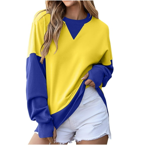Colorblock Cotton Sweatshirts Long Sleeve Tops Womens Fall Winter Spring Casual Oversized Crew Neck Pullover (XL, Yellow)