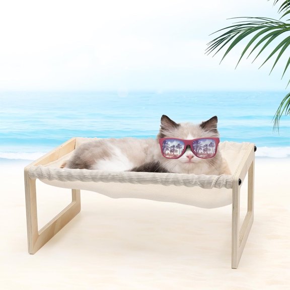 LCOKEIY Wooden Elevated Cat Hammock, Breathable Linen Cat Bed for Kitty, Hold 30lbs, 20"L x 16W"x 9H- Thin