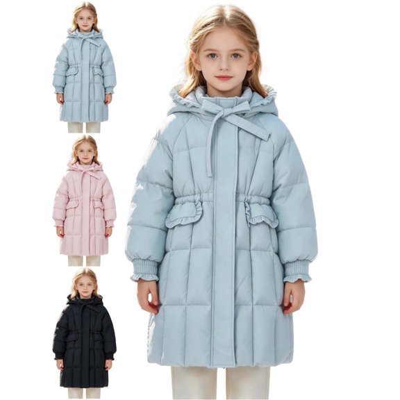 Girls Puffer Jacket Hooded Zip Up Bow Detail Ruffle Trim Warm Winter Coat