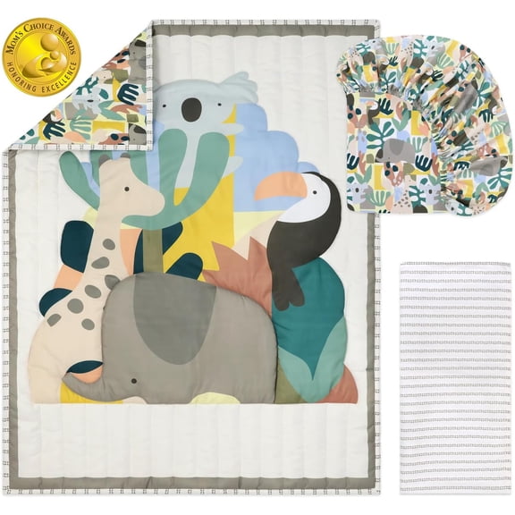 3-Piece Safari Puzzle Baby Crib Bedding Set for Boys and Girls, Modern Neutral Jungle Theme with Soft Microfiber Comforter and Fitted Sheet