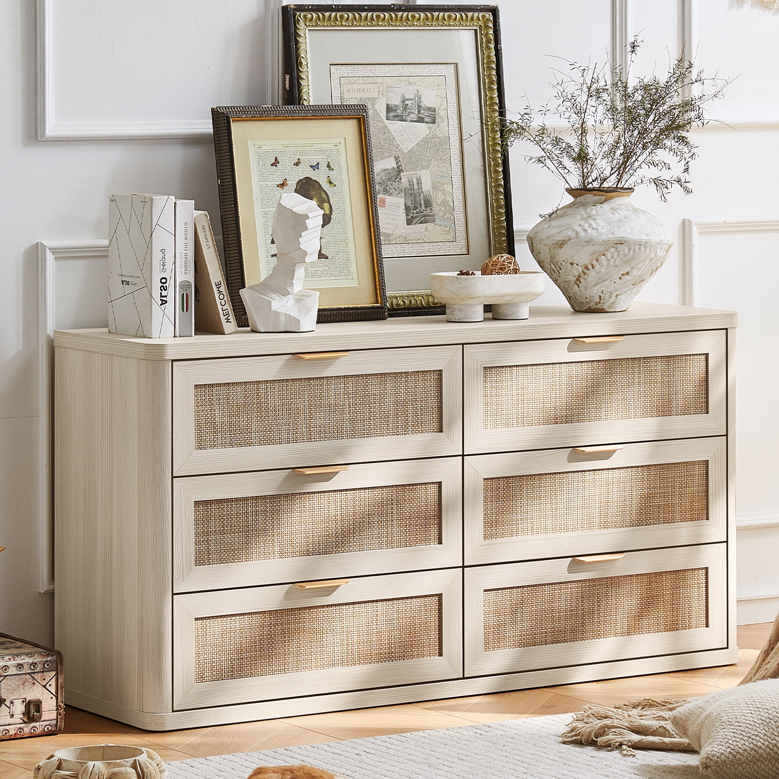 6 Drawer Dresser for Bedroom, Boho&Modern Wood Chest of Drawer with Golden Embedded Handles for Living Room, White Oak