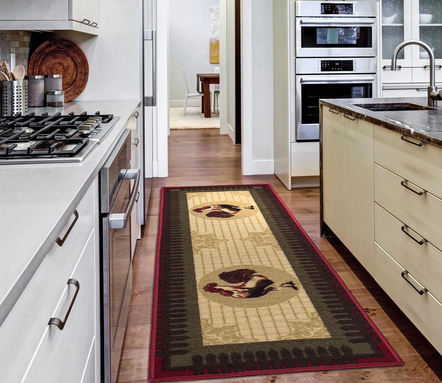 Ottomanson Siesta Kitchen Collection Non-Slip Rubberback Rooster Design 2x5 Kitchen Runner Rug, 20" x 59", Beige/Red