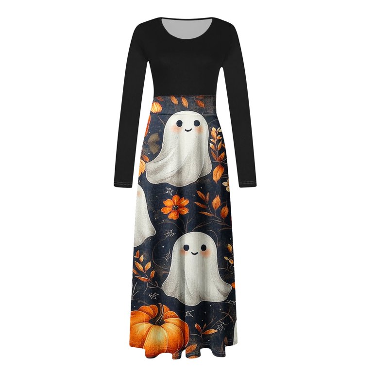 CGMDTZ Halloween Maxi Dress for Women, Ghost Pumpkin Print Long Sleeve A-line Dress, Spooky Fall Party Costume Dress, Women's, Size: Small