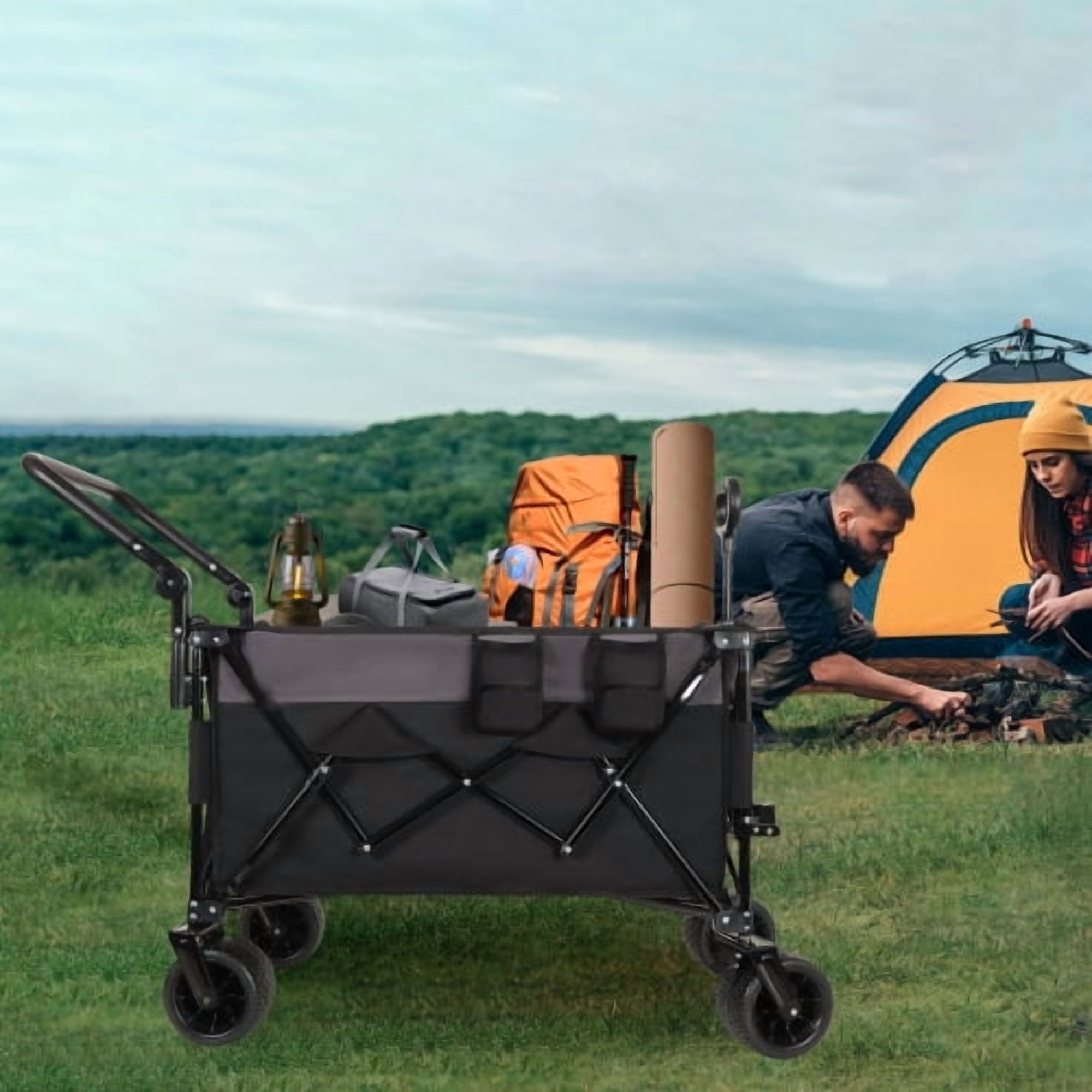 Multi-Functional Push-Pull Folding Wagon Cart with Rotating Handle & 360° All-Terrain Wheels – Heavy-Duty, Adjustable Design, Large Capacity for Transport, Groceries, and Outdoor Use, Khaki- Gray