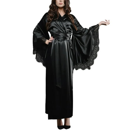 GZWYHT Silk Pajamas Clearance Plus Size Pajamas Satin Kimono Robe Long Bridesmaid Wedding Bath Robe With Lace Trim Nightgowns for Women Babydoll Lingerie  Black M