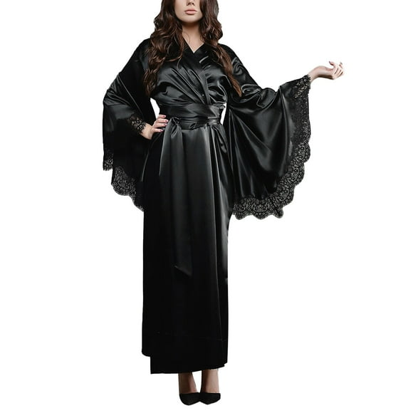 Bramtres Silk Pajamas Pj Sets Satin Kimono Robe Long Bridesmaid Wedding Bath Robe With Lace Trim Nightgowns for Women Womens Pajama Sets Plus Size Pajamas Black XL