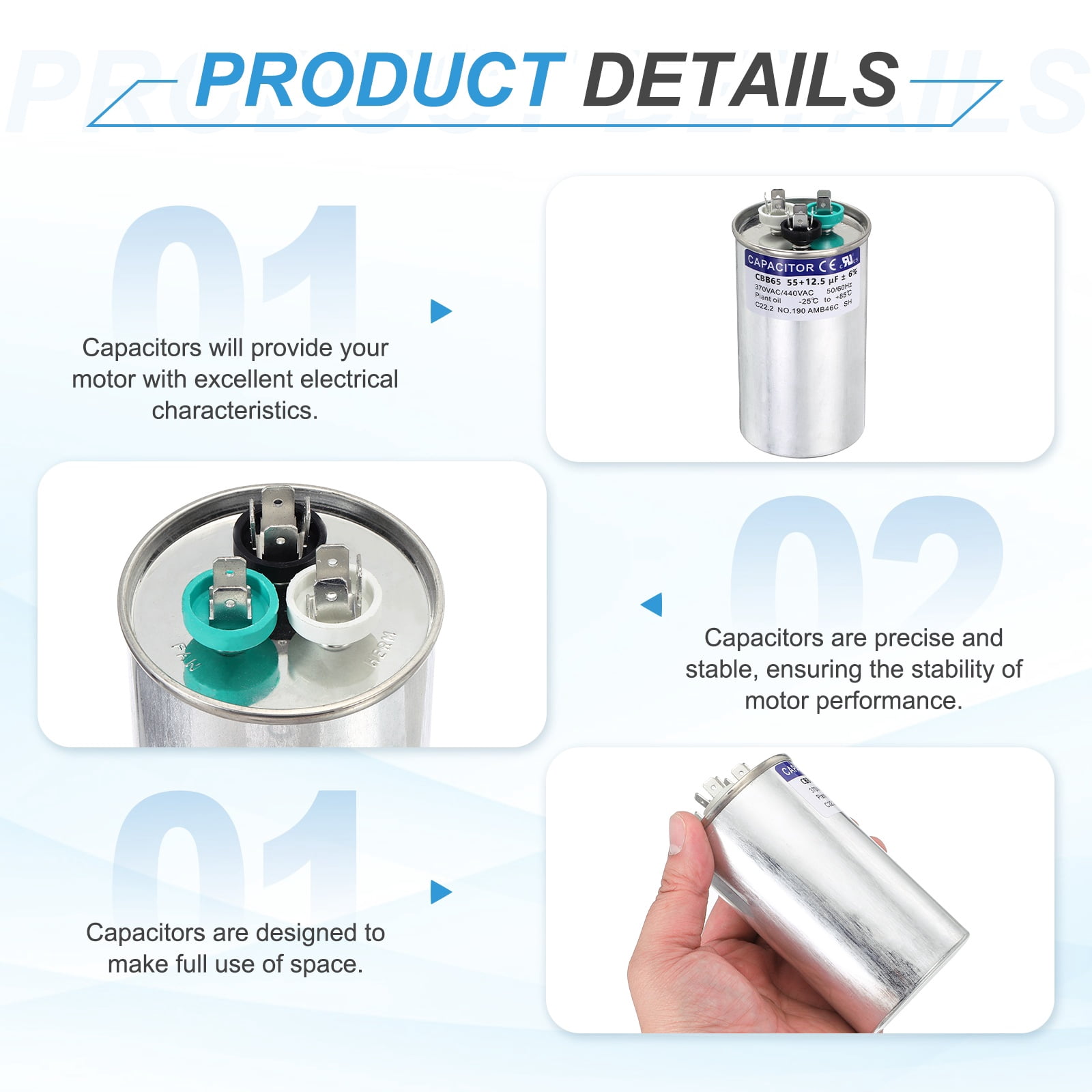 Uxcell 55+12.5MFD CBB65 Run Start Capacitor 55+12.5uF, 370/440V Round AC Capacitor for AC Motor Run, HVAC, Air Conditioner, Condenser Motors