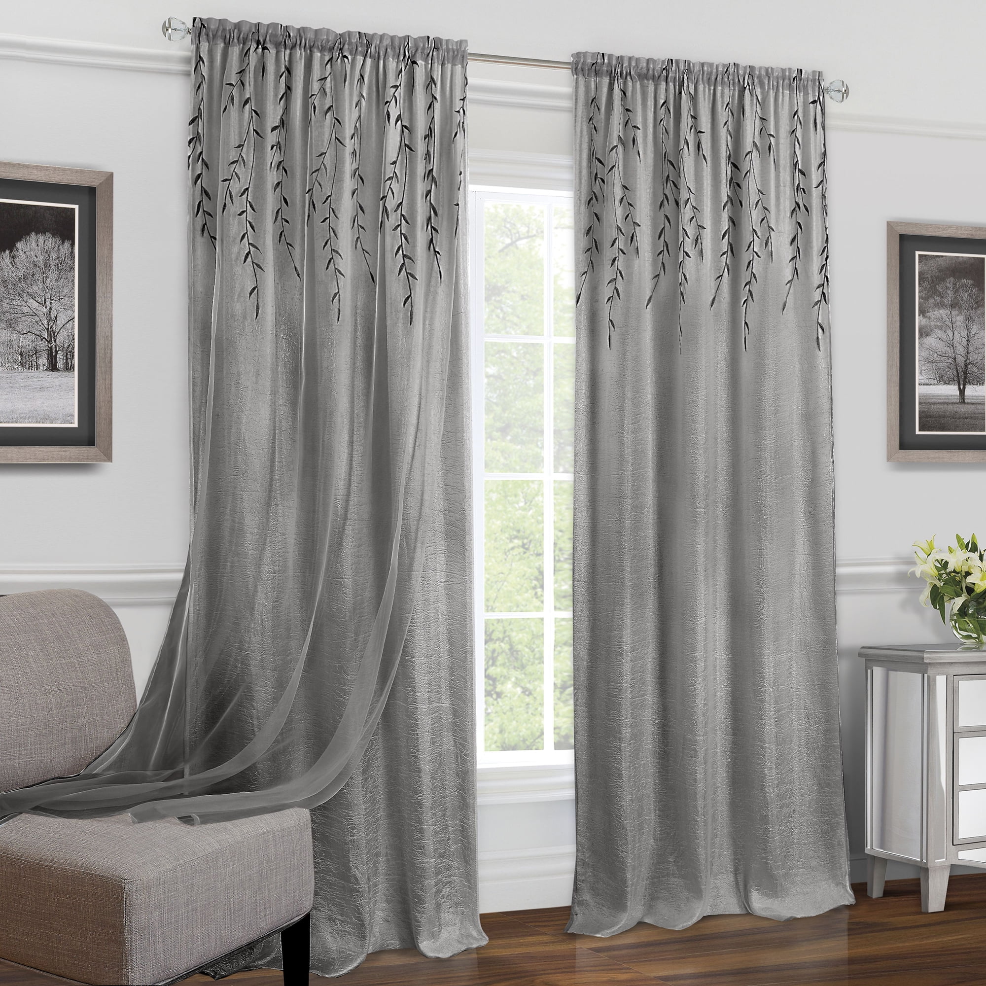 Embroidered Double-Layer Floral 2-Pack Window Curtain Semi-Sheer Privacy  Panels: 42