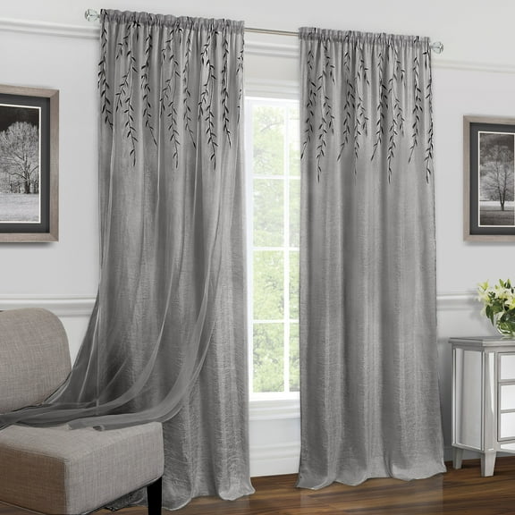 PowerSellerUSA 84L x 42W Inches Embroidered Double Layer Window Curtain Panels Set, 2-Pack Window Curtain Semi-Sheer Privacy Panels, Light Filtering Top Rod Pocket with Floral Pattern, Gray