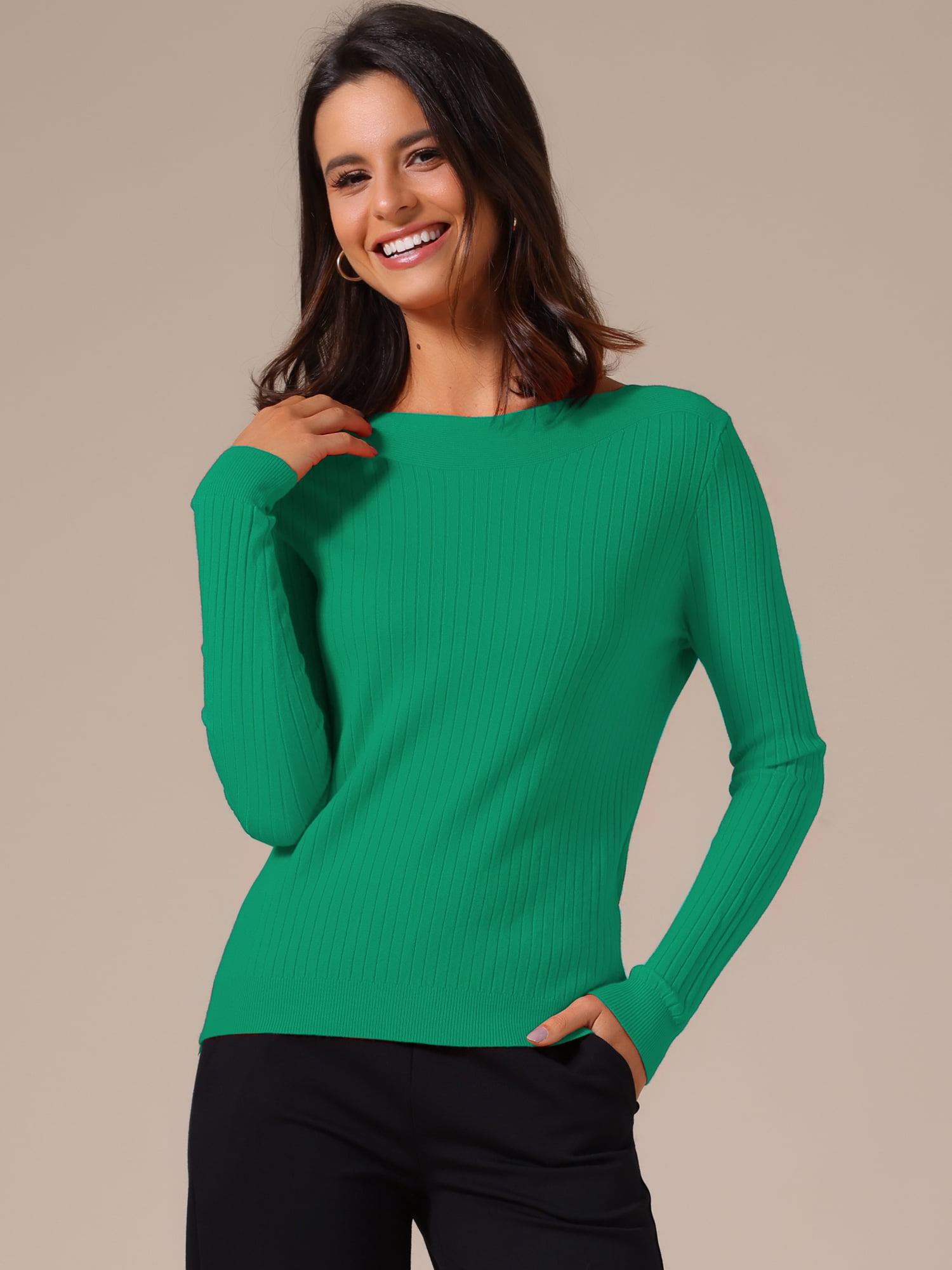 DARING DIVA Women's Boat Neck Long Sleeve Ribbed Sweaters M Green