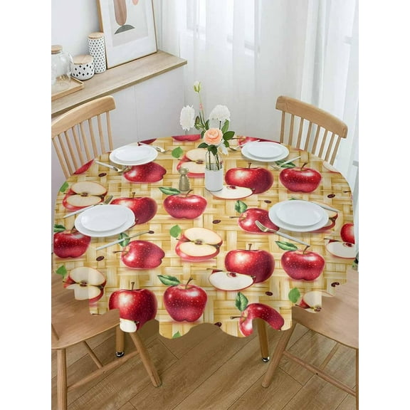 Round Tablecloth-54inch,Farmhouse Rustic Apples on Weave Table Cloth Waterproof Oil-Proof Tablecloths Washable Tablecover for Kitchen Dining Buffet Party Tabletop Decor Seamless Farm Fruit