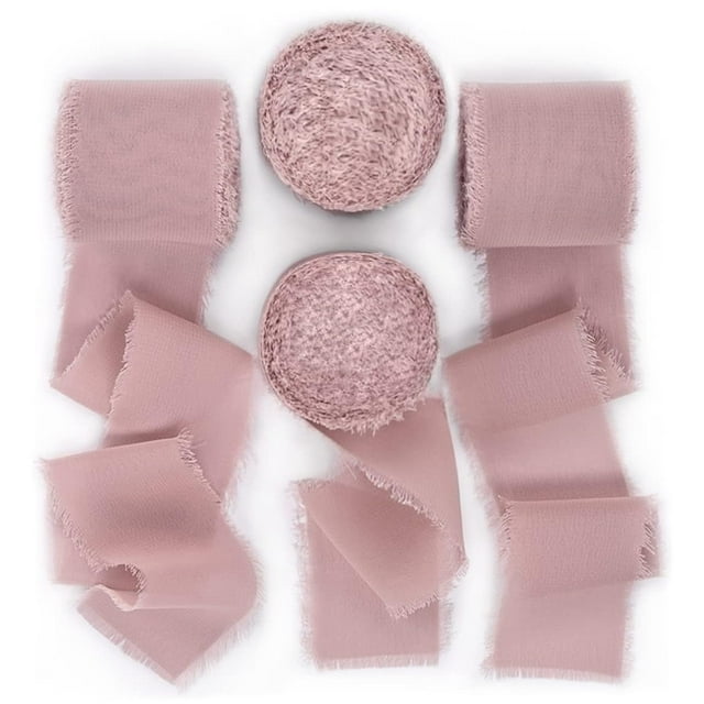 Xiao Hua Cintas, paquete de 4 cintas de gasa (gris y rosa) - 4 cm x 5 yardas, con borde deshilachado, ideales para envolver regalos, bodas y manualidades.