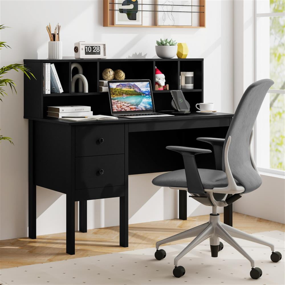 Demi Bonn 48" Computer Desk with Drawers Power Outlets, Small Home Office Desk Study Writing Table, Black