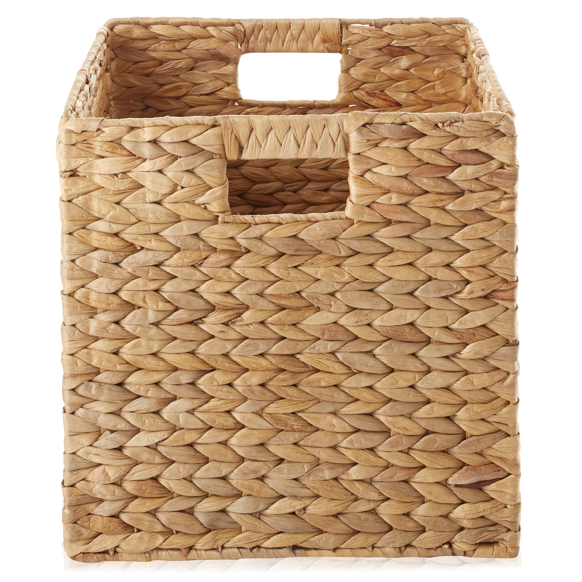 Casafield 12" x 12" Water Hyacinth Storage Baskets, Natural - Set of 2 Collapsible Cube Organizers, Woven Bins for Bathroom, Bedroom, Laundry, Pantry, Shelves