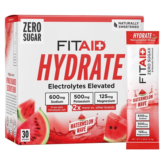 FITAID HYDRATE Electrolyte and Hydration Mix, Watermelon Wave 30ct Box