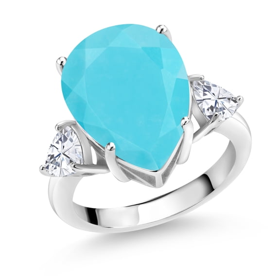 Gem Stone King 925 Sterling Silver 3-Stone Ring Pear Shape Green Turquoise and Moissanite (6.94 Cttw, Size 6)