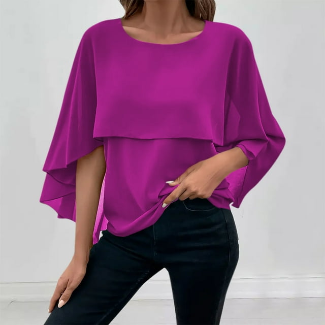 asjyhkr Hauts pour Femmes Tendance Manches 3/4 Col Rond 2 Couches T-Shirts Amples Mode 2025 Blouses Légères et Confortables