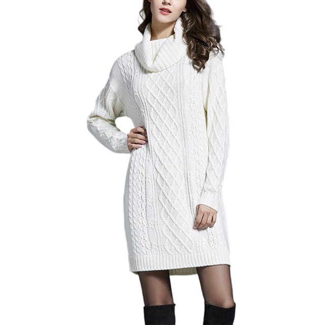 Fashnice Robe Chandail pour Femmes, Mini Robe à Enfiler, Col Roulé, Ample, Chaude, Blanche, 3TG
