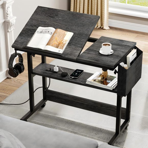 YITAHOME Height Adjustable Table with Charging Station, Portable Desk with Wheels, Small Standing Rolling Computer Desk with Tiltable Tabletop and Storage Bag, Grey