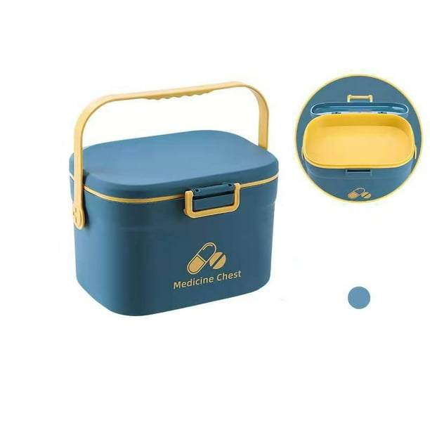Caja de pastillas para guardar medicamentos, contenedor de hojalata de costura de PP de 2 capas, portátil para el hogar y la oficina, color azul