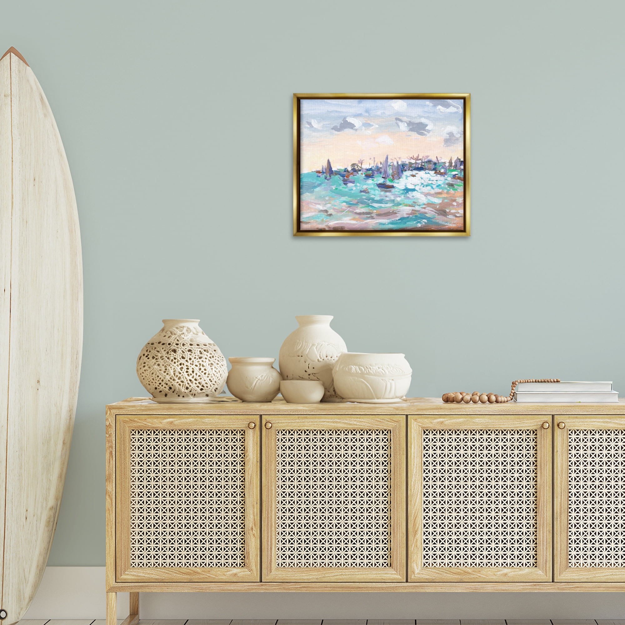 Stupell Industries Sailboats in Rushing Waves Nautical & Beach Painting Gold Floater Framed Canvas Art Print Wall Art, 21 x 17