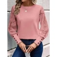 thumbnail image 5 of Women'S Solid Color Long Sleeve Embroidered Lace Stitching Waffle Round Neck Top Pink L, 5 of 8
