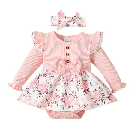 

EFGYYF Girl Outfits Baby Girl Clothes Girl Long Sleeve Flower Print Bowknot Line Bodysuit Dress Ruffles Summer Rompers Clothing Pink 6-9 Months