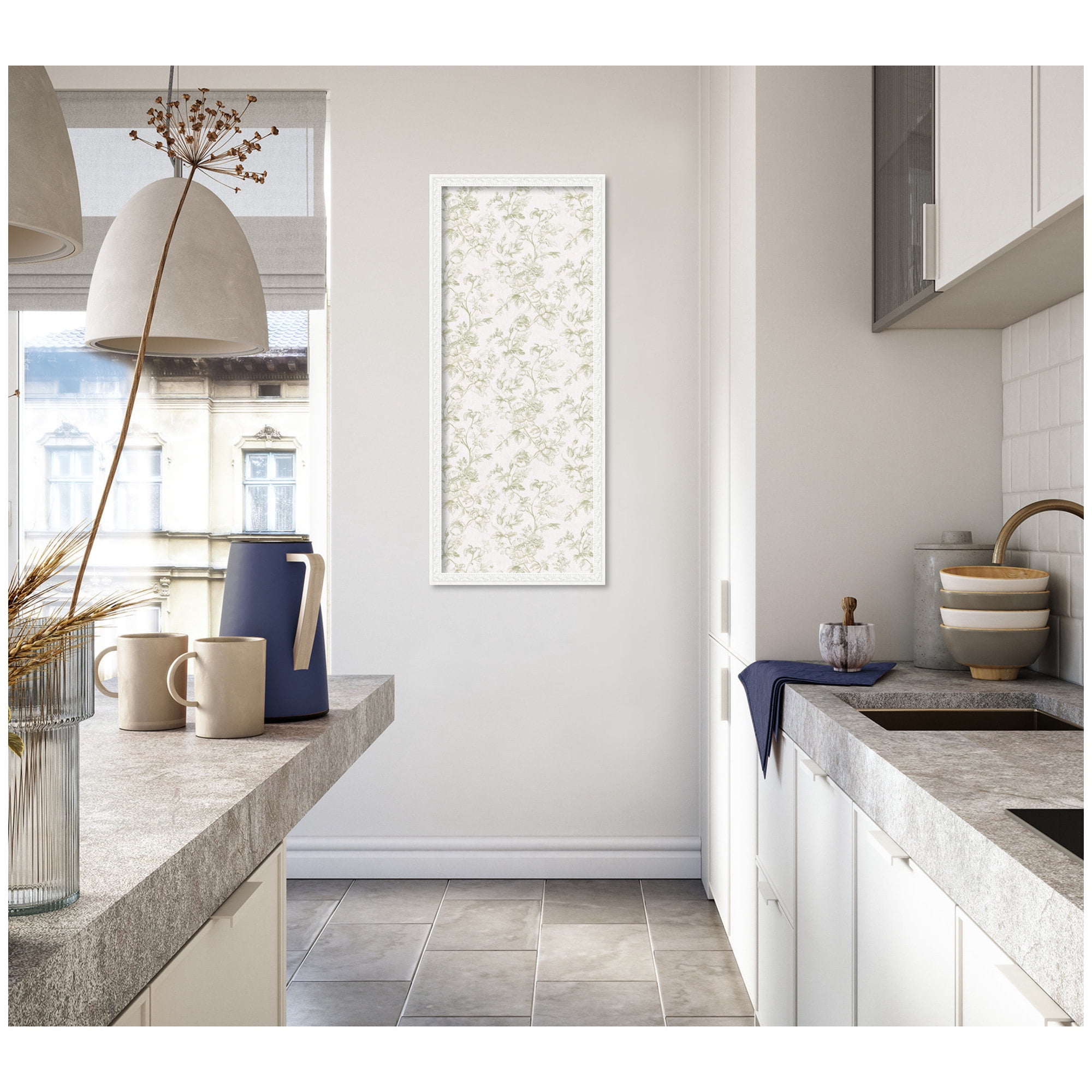 Kate and Laurel Framed Fabric Pinboard 18 x 42, Green and White Floral Toile Printed Linen Traditional Bulletin Board for Use as a Vision Board or Wall Organization, Bethany White Frame