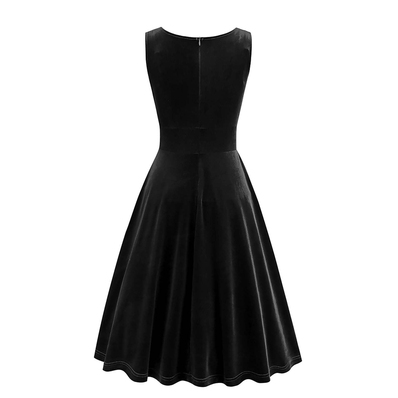 Vintage Velvet Dress for Women Party 2025 Sleeveless Pleated Wrap V Neck Ball Gown Tea Length Cocktail Dress (Medium, Black)