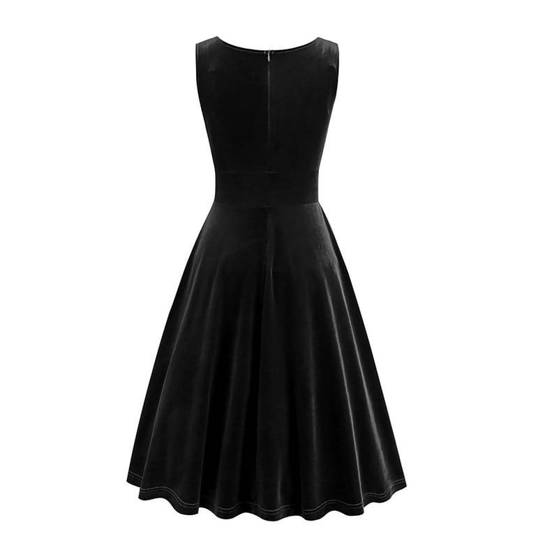 AKOEE Vintage Velvet Dress for Women Party 2025 Sleeveless Pleated Wrap V Neck Ball Gown Tea Length Cocktail Dress (Medium, Black), Women's