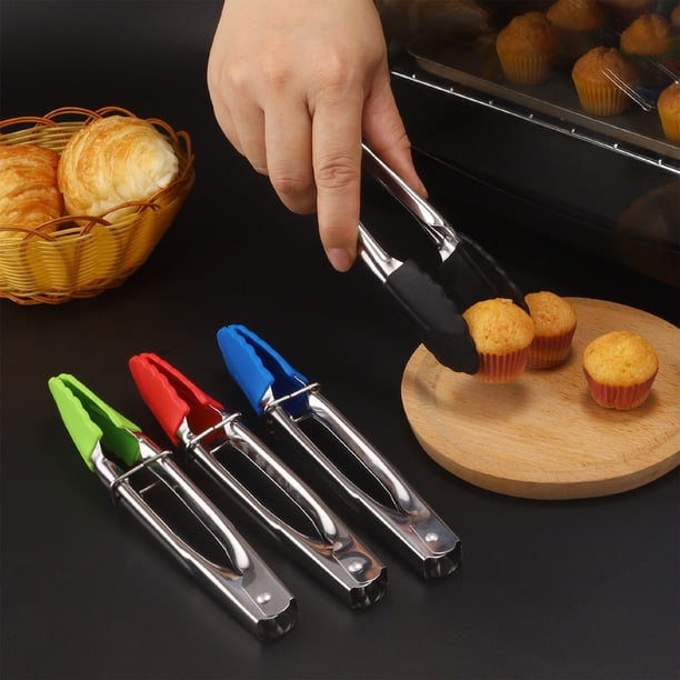 Pinzas de Acero Inoxidable con Puntas de Silicona - Utensilio de Cocina de 18 Cm para Hornear, Asar y Freír - 4 Colores: Negro, Rojo, Azul y Verde