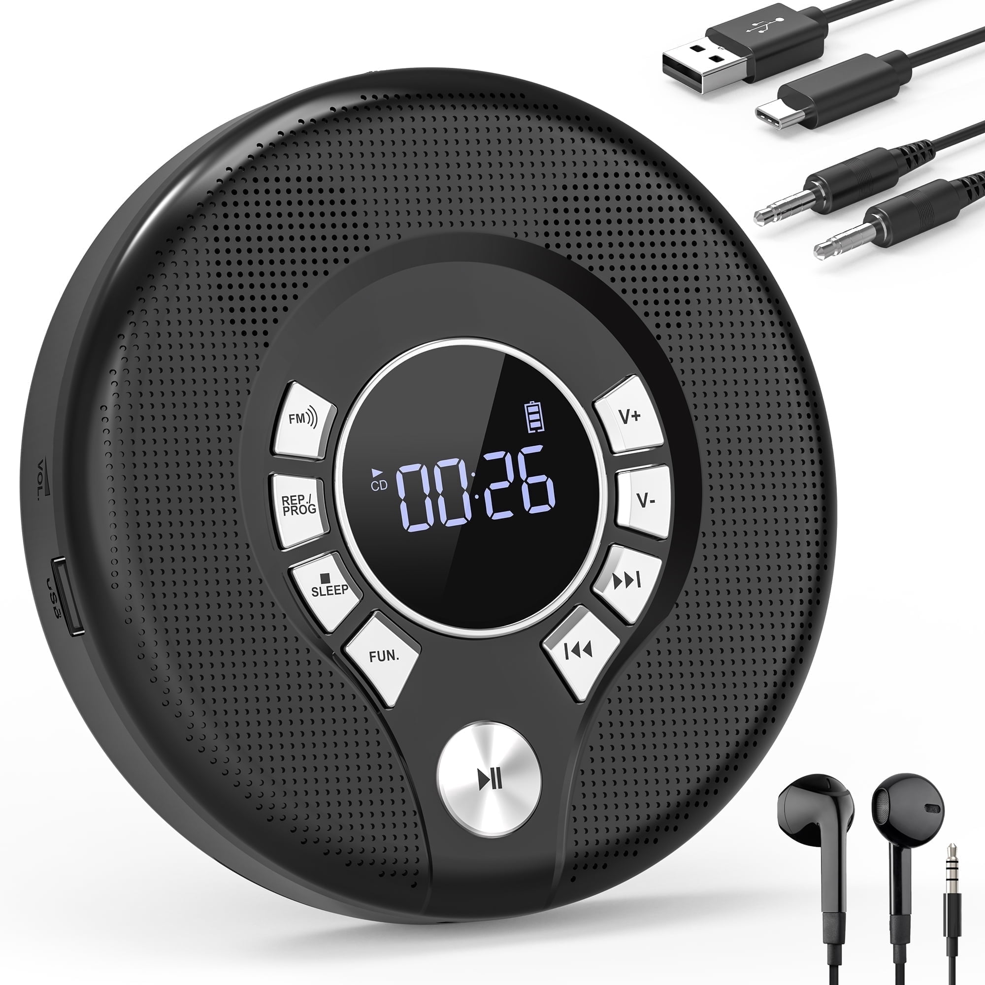 Greadio Portable CD Player, Walkman CD Player for Car, Rechargeable CD Player with USB Playback, A-B Repeat CD Player for Kids
