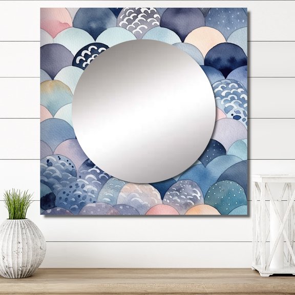 Designart "Blue Form Mapping V" Modern Geometric Square Mirror Wall Decor Modern - Large Blue Square Bathroom Mirror - Square Printed Wall Mirror Art