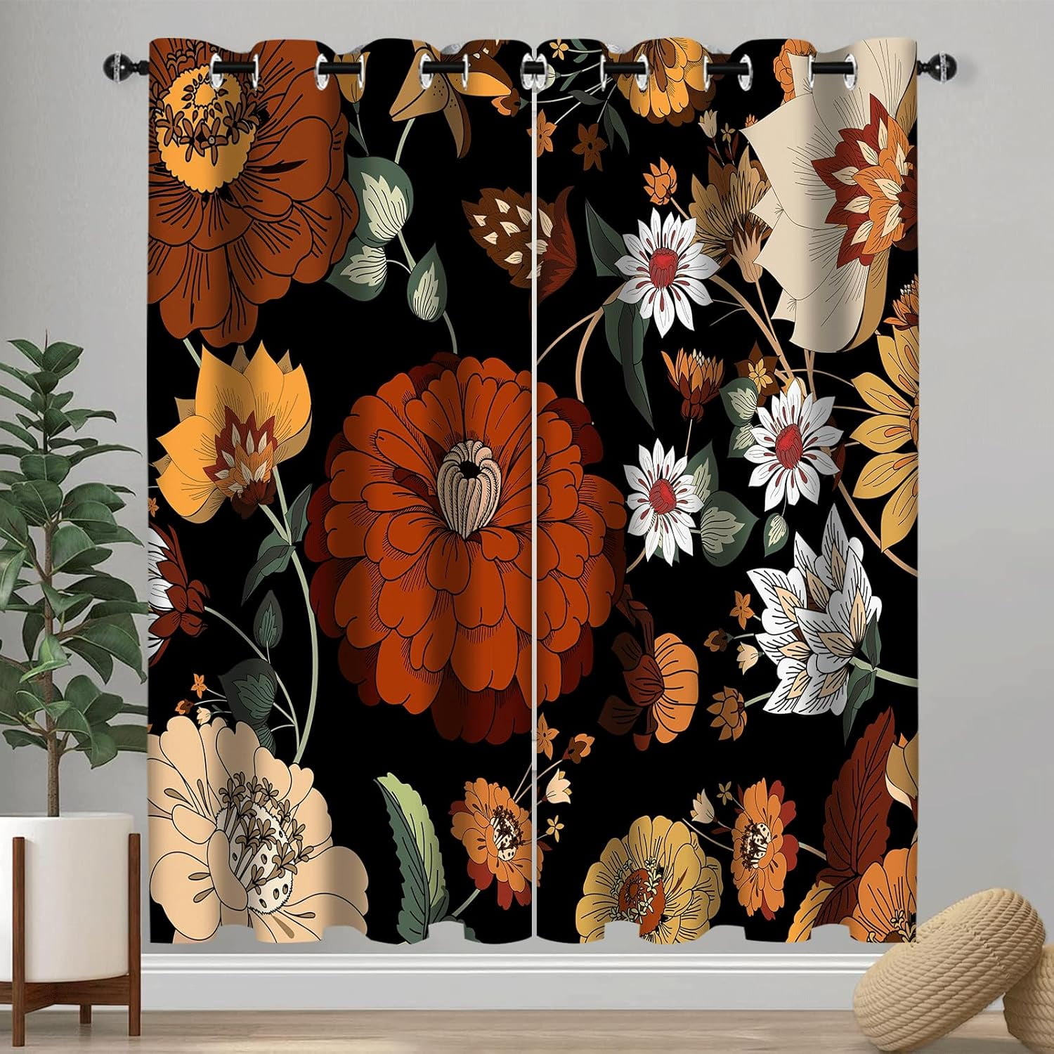 Boho Floral Botanical Blackout Window Curtains, Mid Century Morden Abstract Bohemian Flowers Tropical Leaves Darkening Window Drapes Grommet for Living Room Bedroom Decor 2 Panels 52"x84" Inches