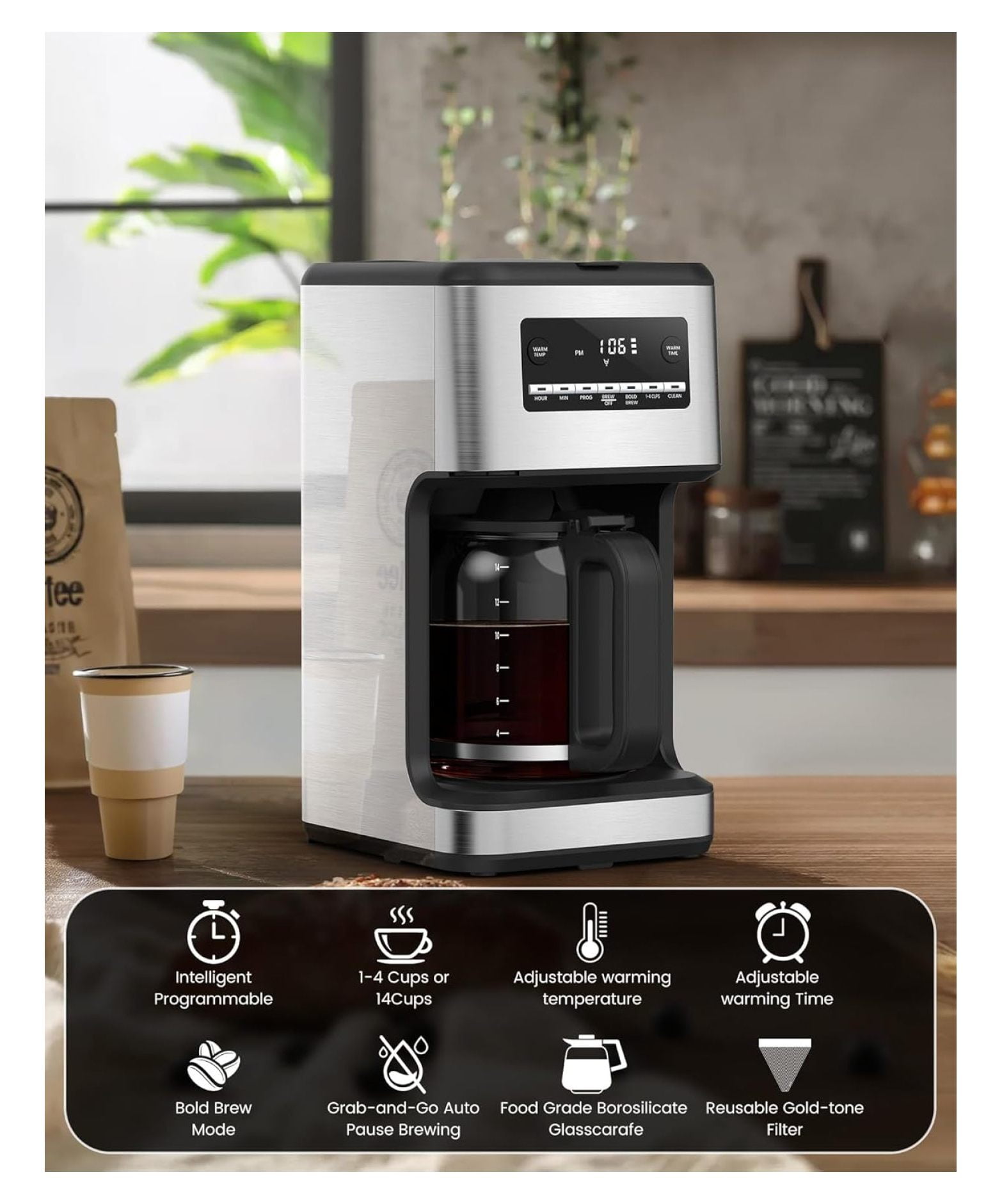 14-Cup Coffee Maker, 24-Hour Programmable Coffee Brewer, Keep Warm, Drip Free, Washable Filter, Stainless Steel, Silver
